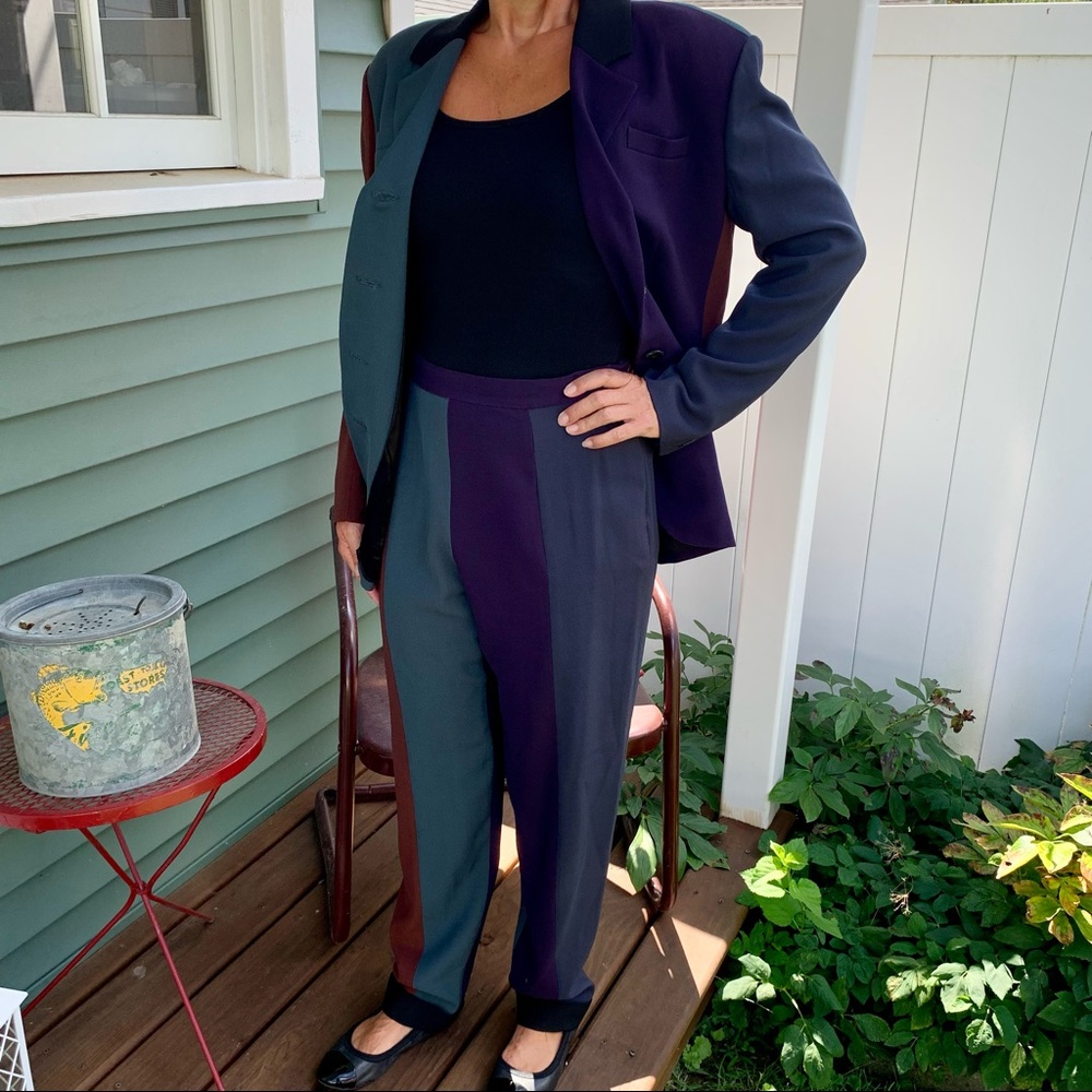 Vintage 90s Myrene de Premonville Paris Wool Colorblock 2 Piece Pant Suit - Picture 3 of 16